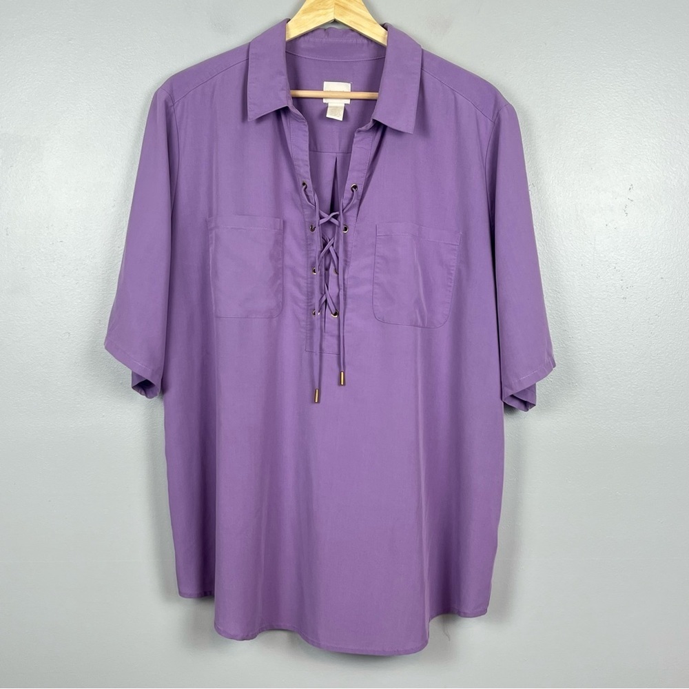 Chico’s purple modal poly elastane laceup neckline popover shirt, XL.